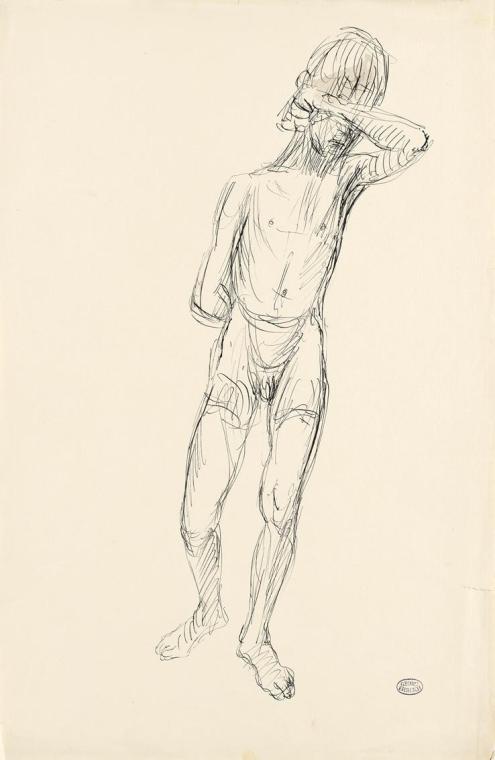 Stehender Knabe mit Arm vor den Augen