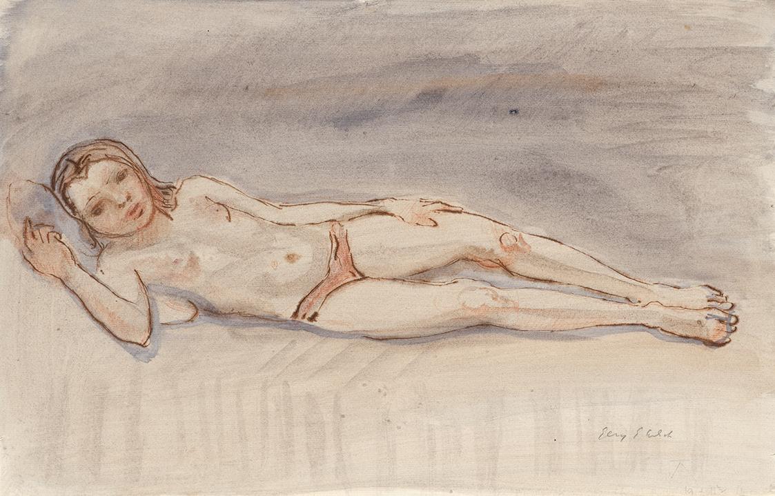 Georg Ehrlich, Liegendes Mädchen, Rötel und Feder in Braun, laviert, Blattmaße: 32,2 × 50 cm, B…