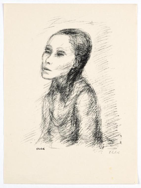Georg Ehrlich, Frauenbildnis im Halbprofil, undatiert, Lithografie (?), Blattmaße: 25,2 × 18,6 …
