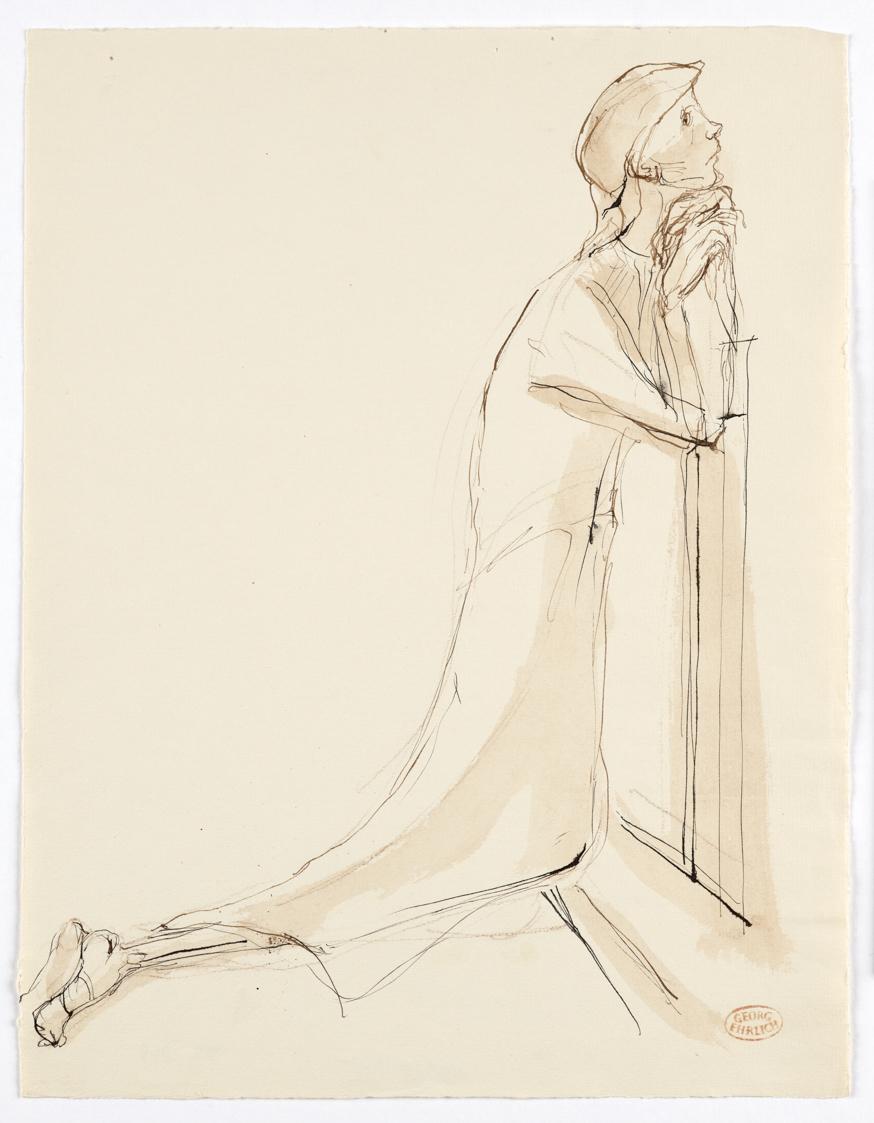 Georg Ehrlich, Betende Frau, 1964, Tusche in braun, laviert, Blattmaße: 31,5 × 24,4 cm, Belvede…