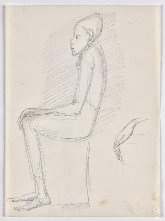 Georg Ehrlich, Sitzender Knabe, undatiert, Bleistift auf Papier, Blattmaße: 20,7 × 15,1 cm, Bel…