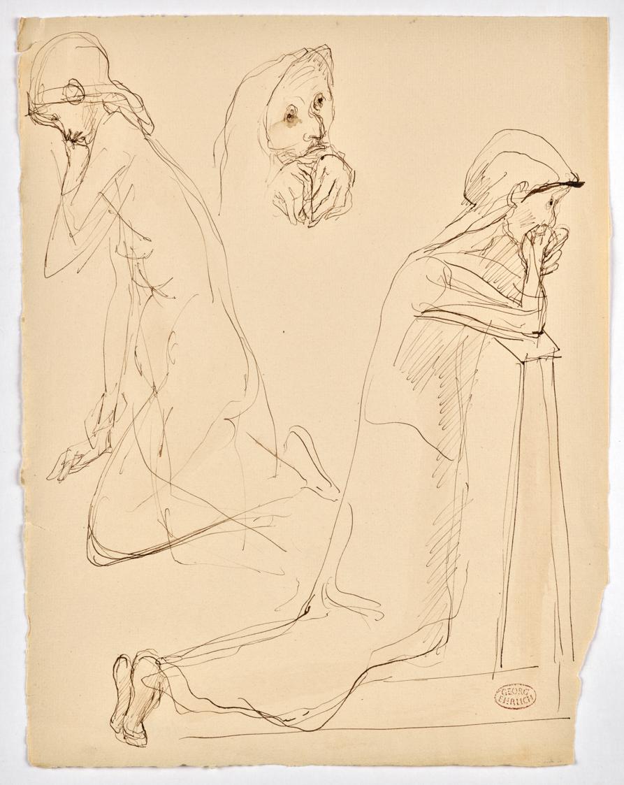 Georg Ehrlich, Skizzen betender Frauen, 1964, Tusche in braun auf Papier, Blattmaße: 30,7 × 24,…