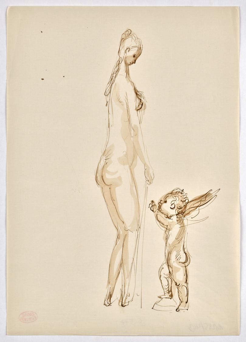 Georg Ehrlich, Stehender Frauenakt mit Putto, undatiert, Tusche in braun, laviert, auf Papier, …