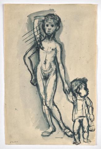 Georg Ehrlich, Knabe führt Brüderchen, undatiert, Tusche in blau, laviert, auf Papier, Blattmaß…
