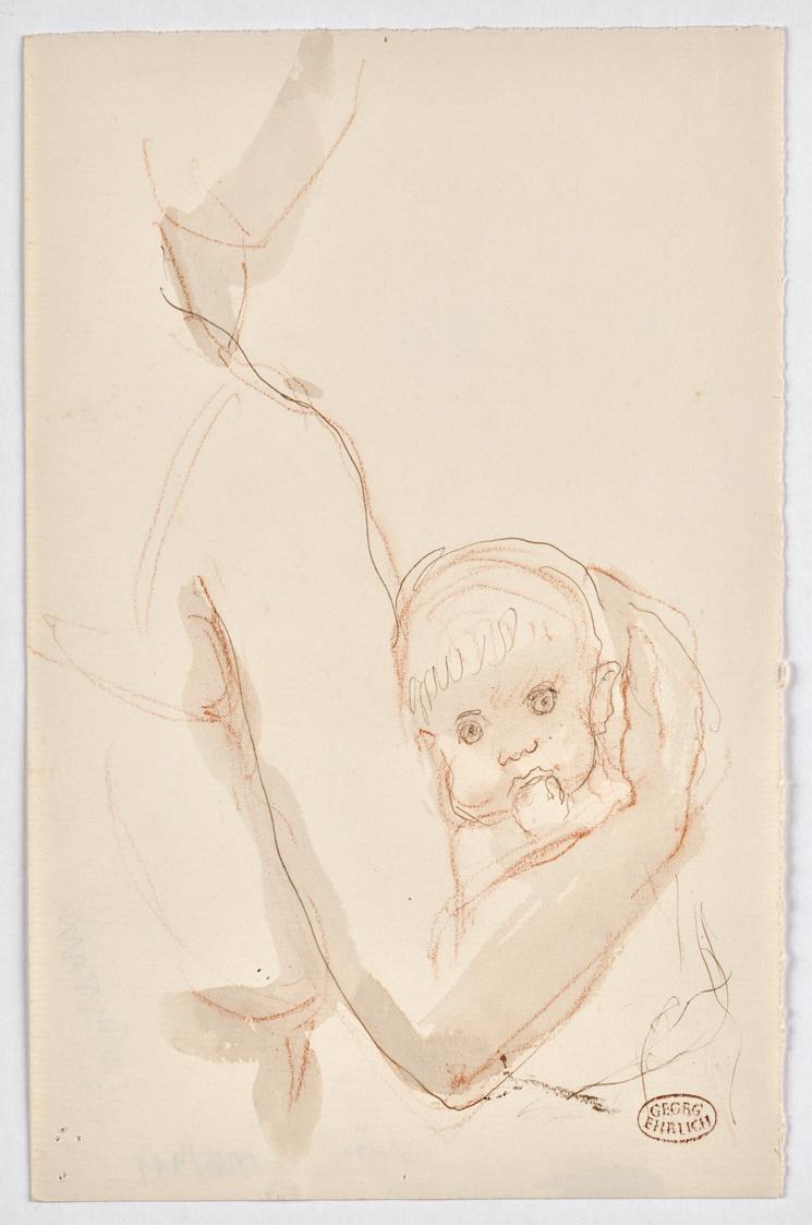 Georg Ehrlich, Kind im Arm einer Frau, undatiert, Rötel, Tusche in braun, laviert, auf Papier, …