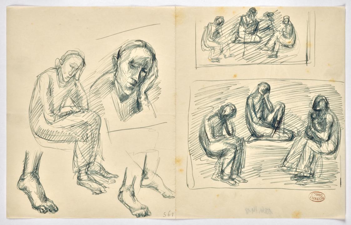Georg Ehrlich, Skizzenblatt, undatiert, Feder in blau auf Papier, Blattmaße: 22 × 35 cm, Belved…