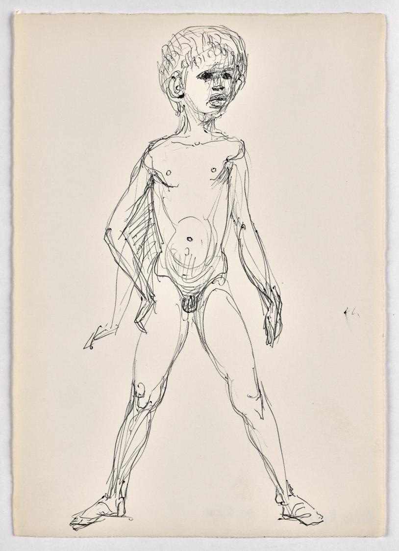 Georg Ehrlich, Stehender nackter Knabe, undatiert, Kugelschreiber auf Papier, Blattmaße: 21 × 1…