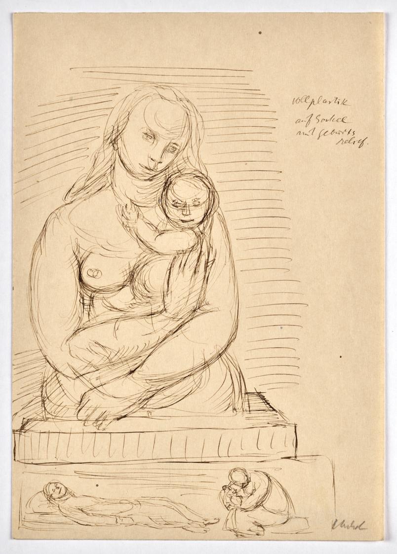 Georg Ehrlich, Mutter mit Kind, undatiert, Tusche in braun auf Papier, Blattmaße: 24 × 16,9 cm,…