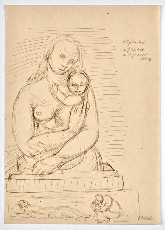 Georg Ehrlich, Mutter mit Kind, undatiert, Tusche in braun auf Papier, Blattmaße: 24 × 16,9 cm,…
