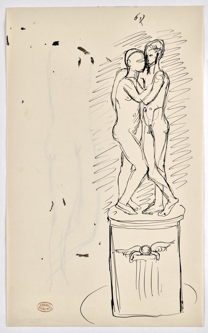 Georg Ehrlich, Denkmalentwurf "Zwei Freunde", undatiert, Tusche in schwarz auf Papier, Blattmaß…