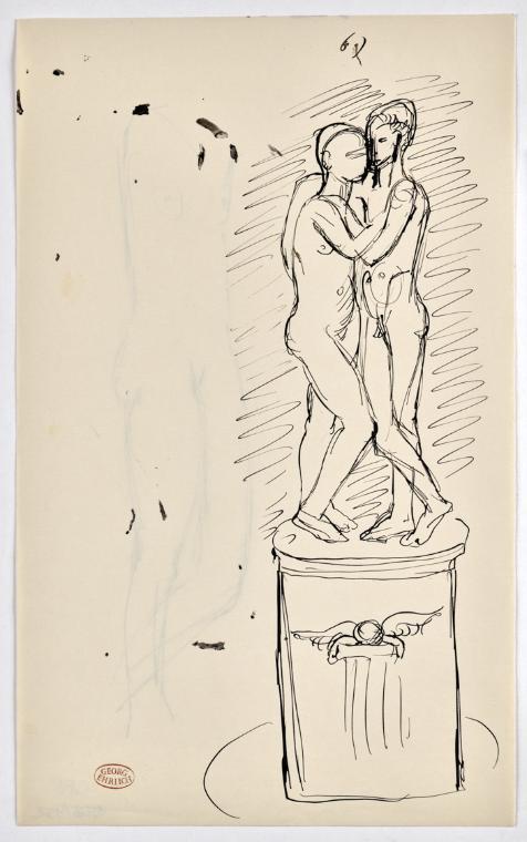 Georg Ehrlich, Denkmalentwurf "Zwei Freunde", undatiert, Tusche in schwarz auf Papier, Blattmaß…