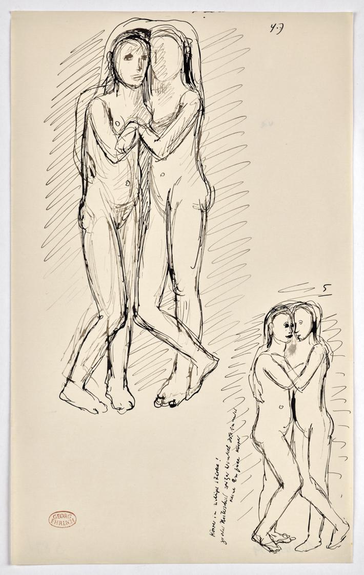 Georg Ehrlich, Schwestern, undatiert, Tusche in schwarz auf Papier, Blattmaße: 33,9 × 20,9 cm, …