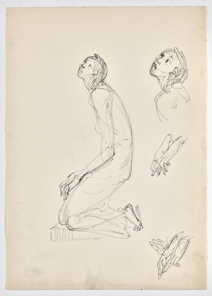 Georg Ehrlich, Knieende Frau (Skizzenblatt), undatiert, Kugelschreiber auf Papier, Blattmaße: 2…