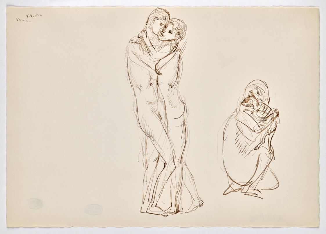 Stehendes Liebespaar und kauernde Figur mit Katze