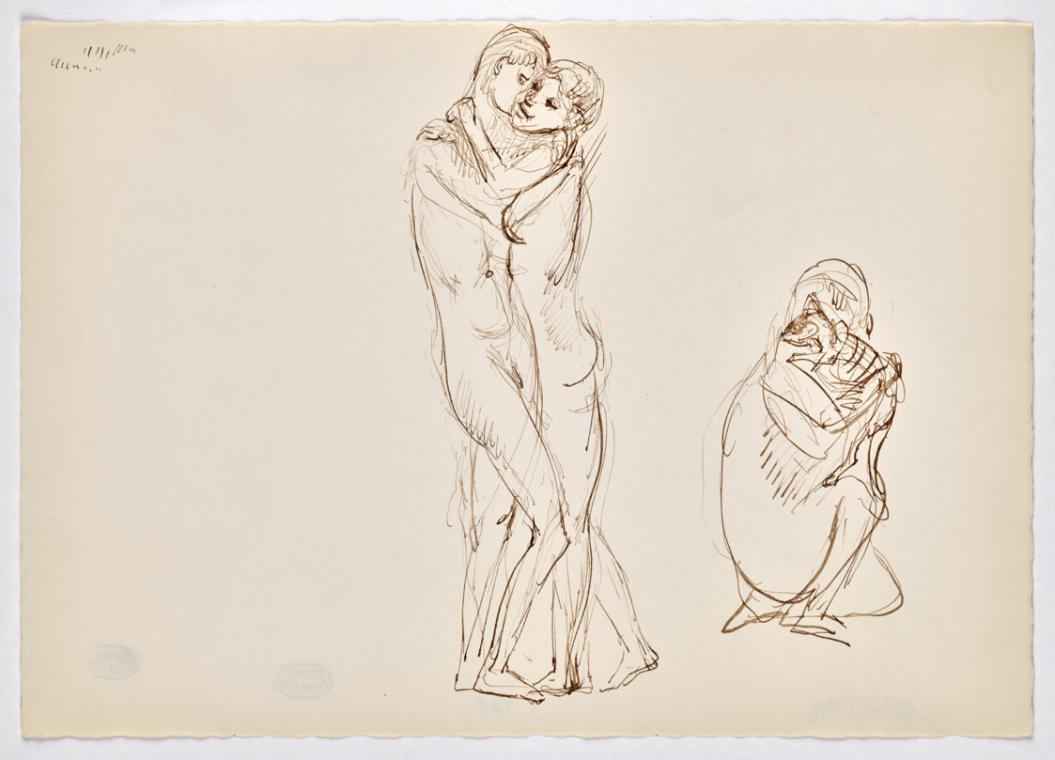 Stehendes Liebespaar und kauernde Figur mit Katze