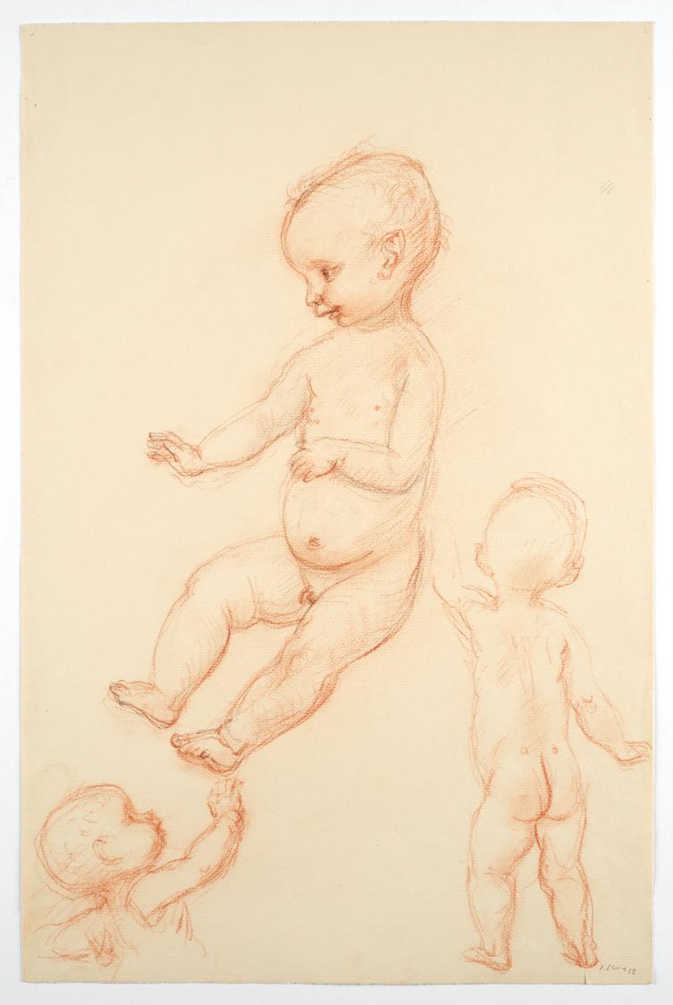 Georg Ehrlich, Studien von Kleinkindern, 1958, Tusche, Rötel und schwarze Kreide auf Papier, Bl…