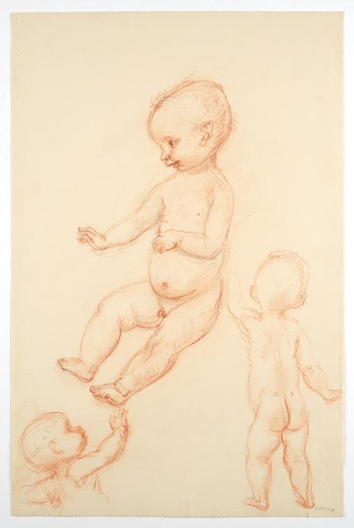 Georg Ehrlich, Studien von Kleinkindern, 1958, Tusche, Rötel und schwarze Kreide auf Papier, Bl…