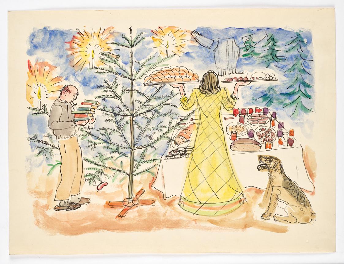 Walther Gamerith, Weihnachten, 1947, Aquarell, Feder in Schwarz auf Papier, 30 × 40,5 cm, Belve…