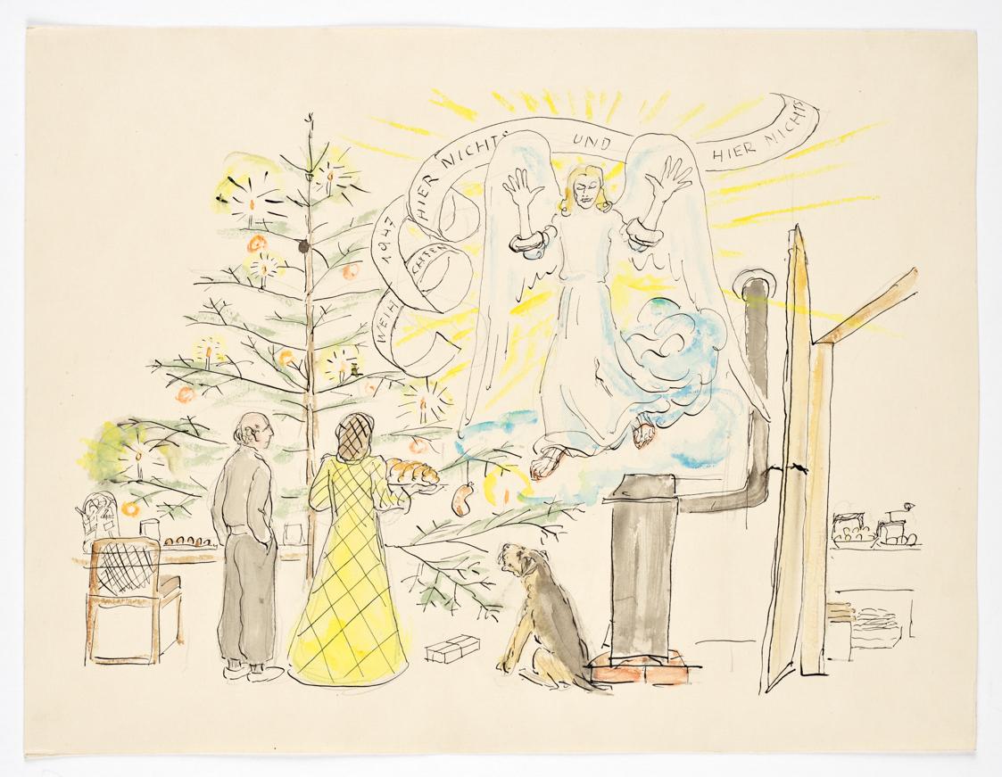 Walther Gamerith, Weihnachten, 1947, Aquarell, Feder in Schwarz auf Papier, 30,5 × 40 cm, Belve…