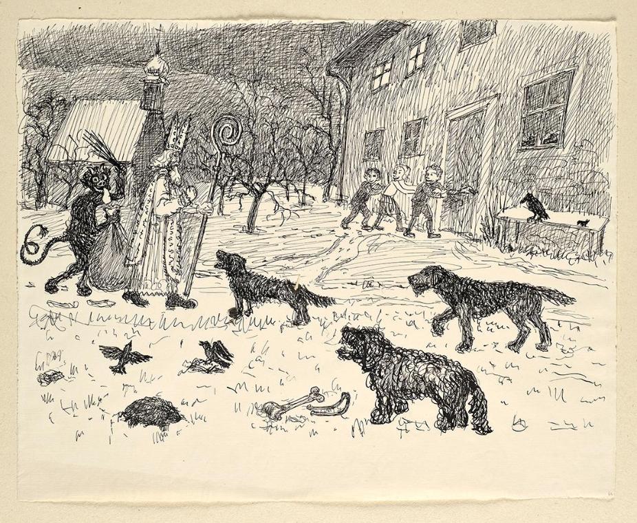 Walther Gamerith, Nikolaus und Krampus in Landschaft mit Kindern, undatiert, Tusche auf Papier,…