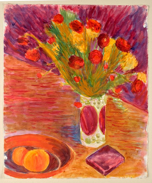 Walther Gamerith, Blumenstrauß in Vase und Schüsseln, undatiert, Aquarell auf Papier, 48,3 x 43 ...