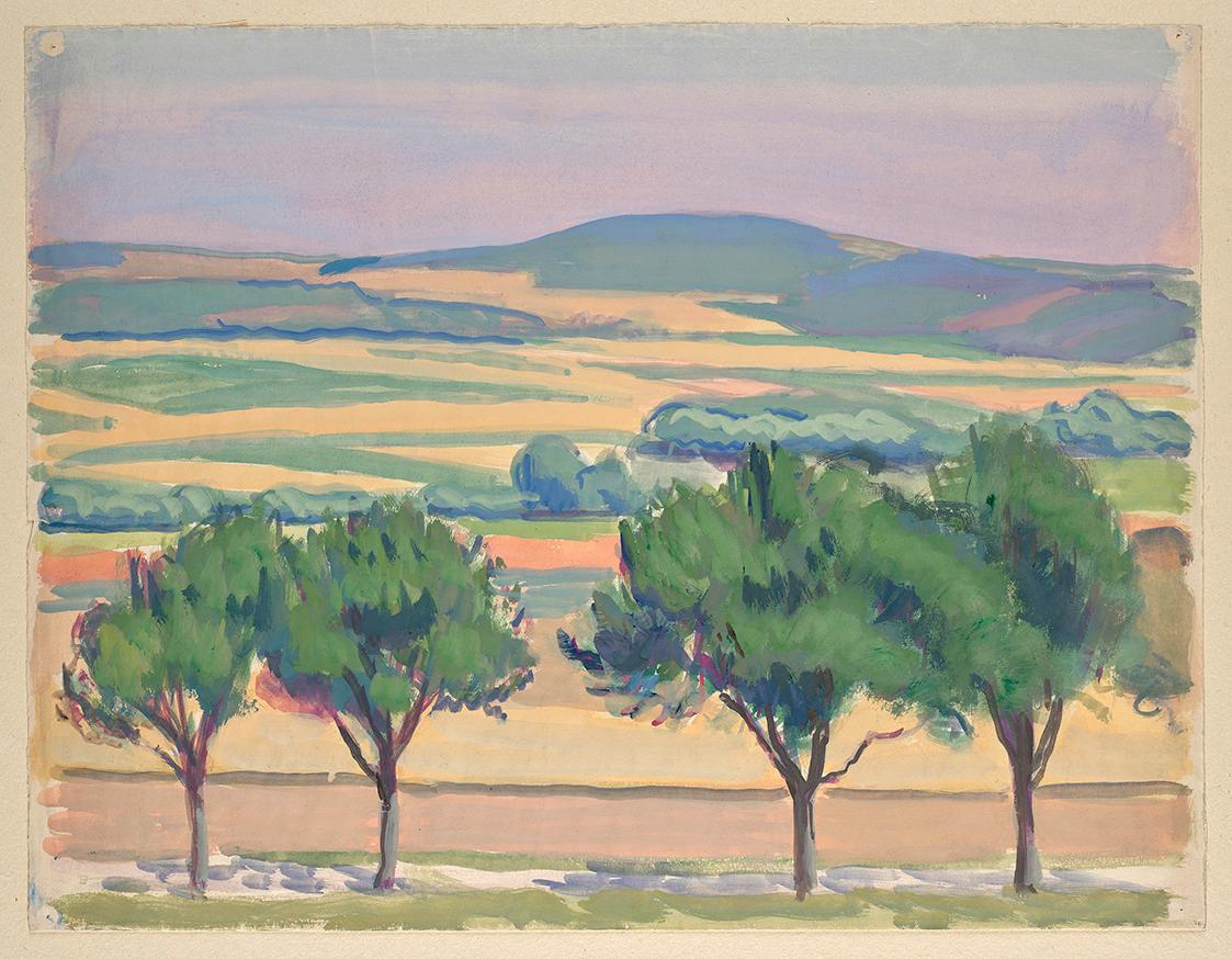 Walther Gamerith, Hügelige Landschaft mit Straße und Bäumen, undatiert, Aquarell auf Papier, 48…