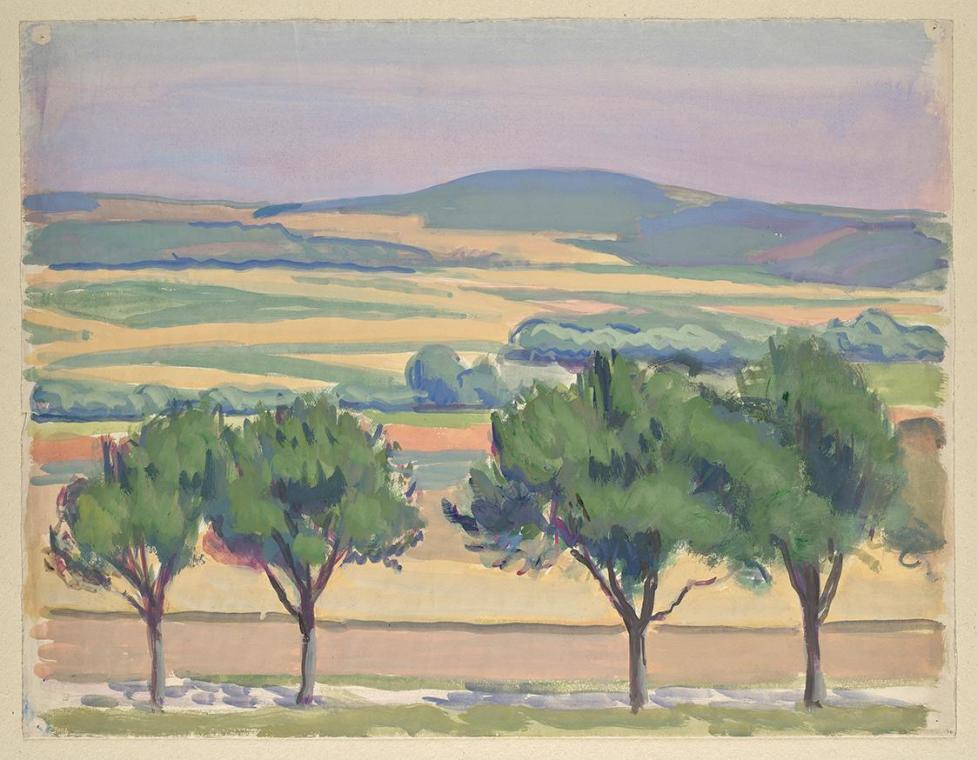 Walther Gamerith, Hügelige Landschaft mit Straße und Bäumen, undatiert, Aquarell auf Papier, 48…