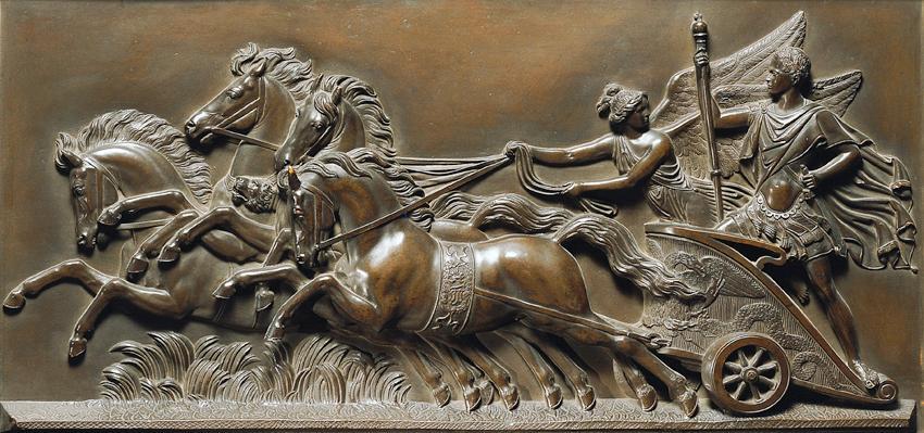 Unbekannter Künstler, Triumph Kaiser Franz Josephs auf antikem Kampfwagen, um 1850, Bronze, 37 …