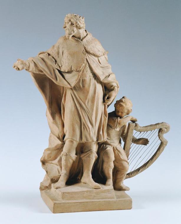 Johann Joseph Resler, König David, um 1762, Terrakotta, Saiten der Harfe aus Draht, H: 26 cm, B…