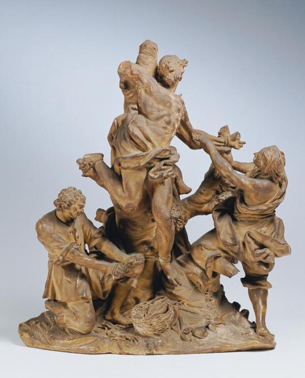 Unbekannter Künstler, Die Schindung des heiligen Bartholomäus, um 1740, Terrakotta, H: 40 cm, B…