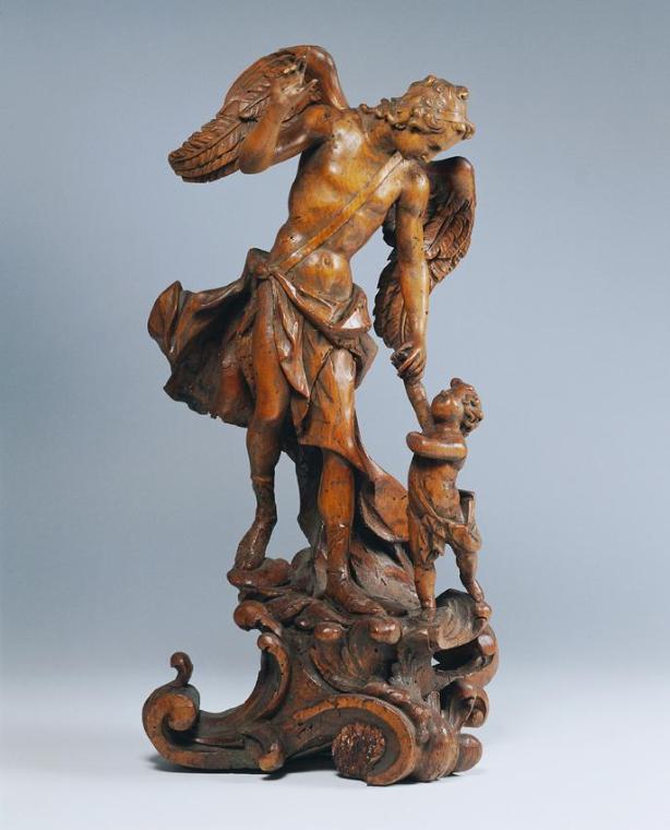 Johann Georg Dorfmeister, Schutzengel mit Kind, Lindenholz, gebeizt, H: 47 cm (mit Rocaillepost…
