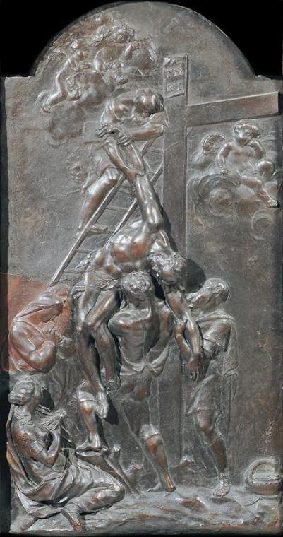 Georg Raphael Donner, Kreuzabnahme, um 1735, Rotes Wachs, bronzefarben bemalt, Oben bogenförmig…