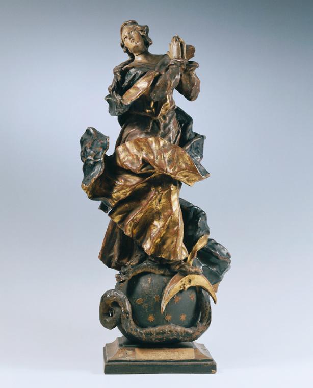 Unbekannter Künstler, Immaculata, Holz, gefasst und vergoldet, H. inklusive Sockel: 58 cm, Belv…
