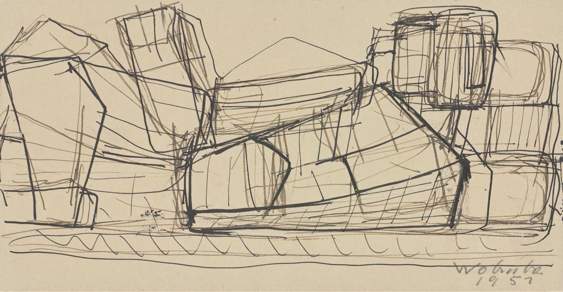 Fritz Wotruba, Studie zur Liegenden, 1951, Tusche, Feder auf Papier auf Karton, Blattmaße: 14 ×…
