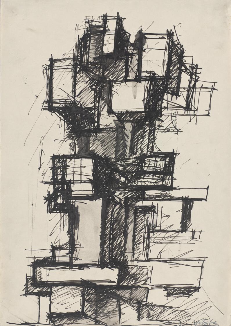 Fritz Wotruba, Figurenblock, 1964, Tusche, Feder, laviert, auf Papier, Blattmaße: 41,6 × 29,7 c…