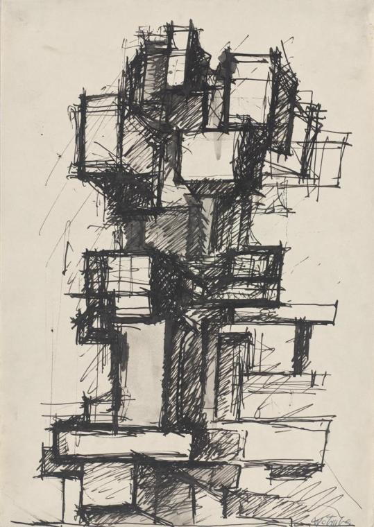 Fritz Wotruba, Figurenblock, 1964, Tusche, Feder, laviert, auf Papier, Blattmaße: 41,6 × 29,7 c…