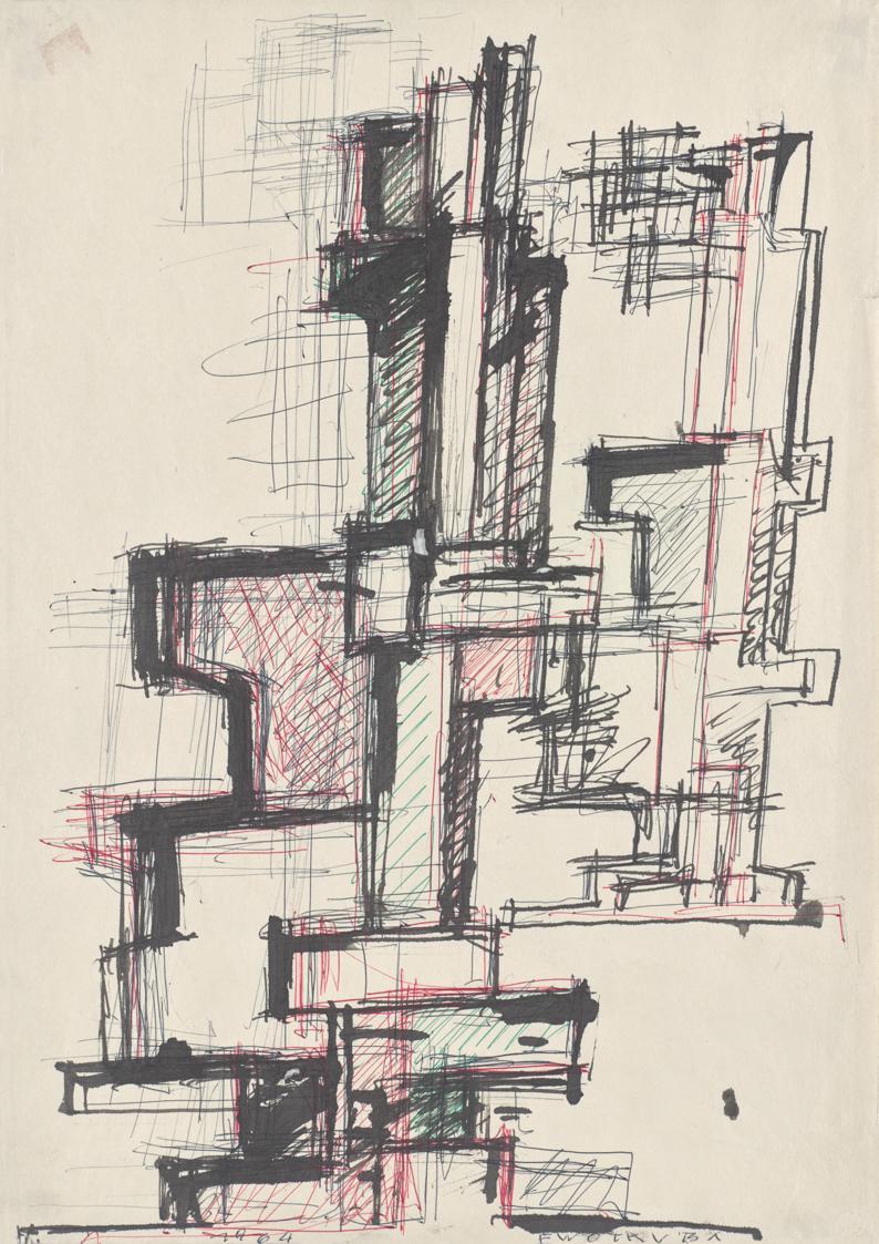 Fritz Wotruba, Zwei architektonische Figuren, 1964, Schwarzer, roter und grüner Kugelschreiber,…