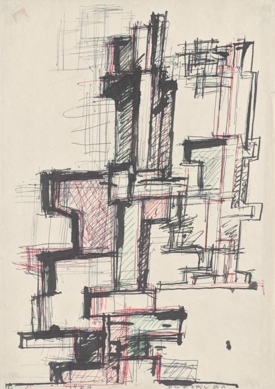 Fritz Wotruba, Zwei architektonische Figuren, 1964, Schwarzer, roter und grüner Kugelschreiber,…