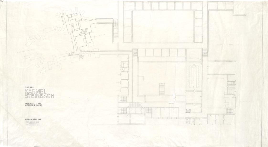 Fritz Gerhard Mayr, Karmelitinnenkloster Steinbach bei Wien. Unterkirche, Kloster, Grundriss, 1…