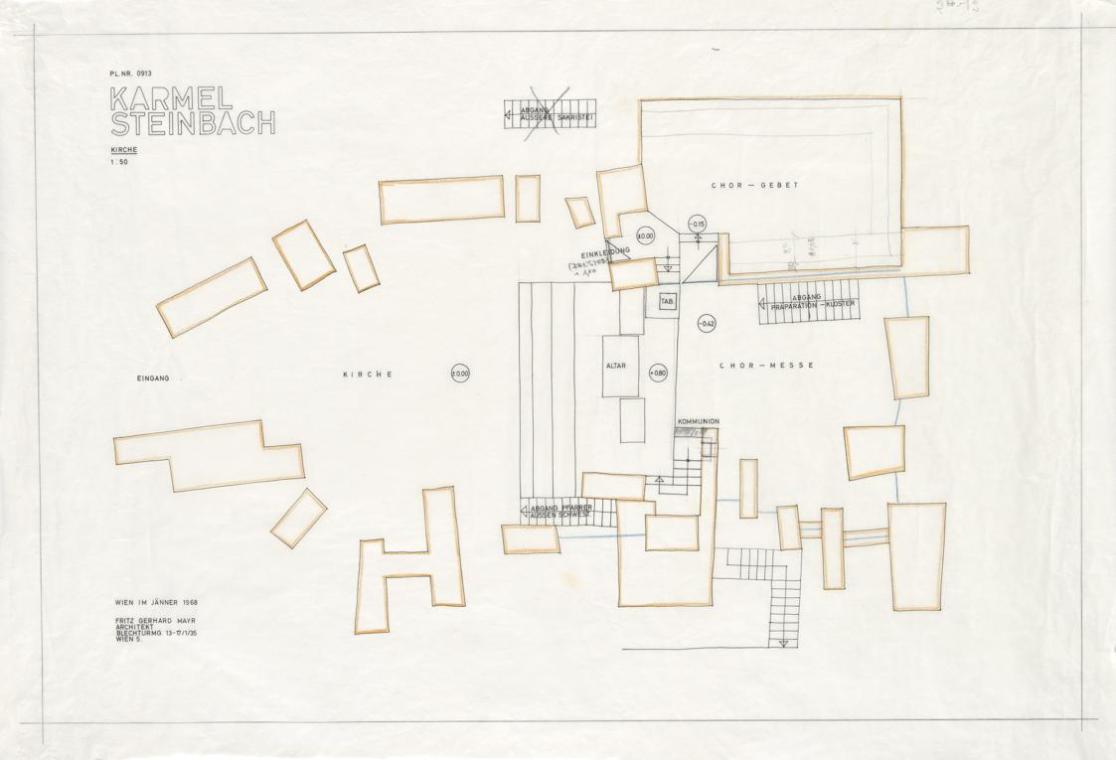 Karmelitinnenkloster Steinbach bei Wien. Grundriss Kirche, Erdgeschoß, 1:50, Plan-Nr. 913