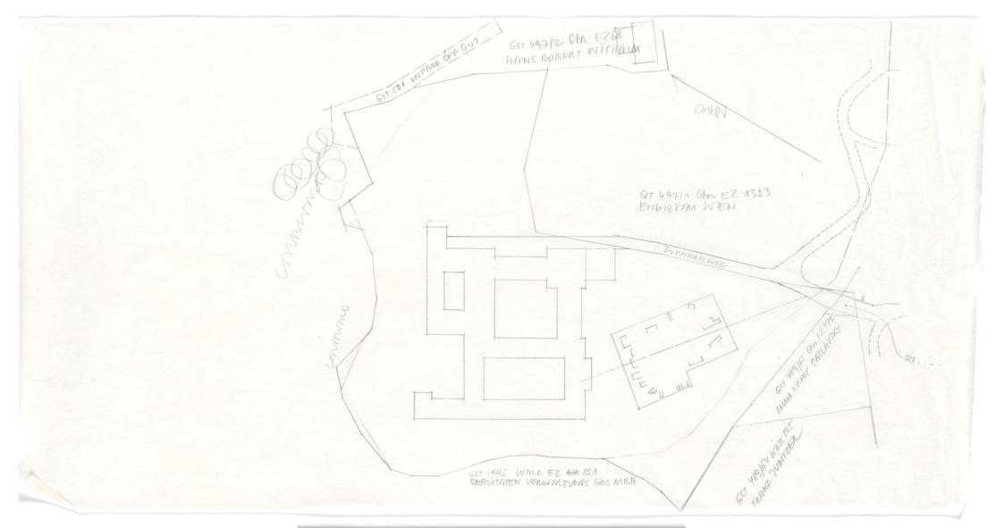 Karmelitinnenkloster Steinbach bei Wien. Arbeitsplan, Lageplan mit Kirche und Klostergebäude