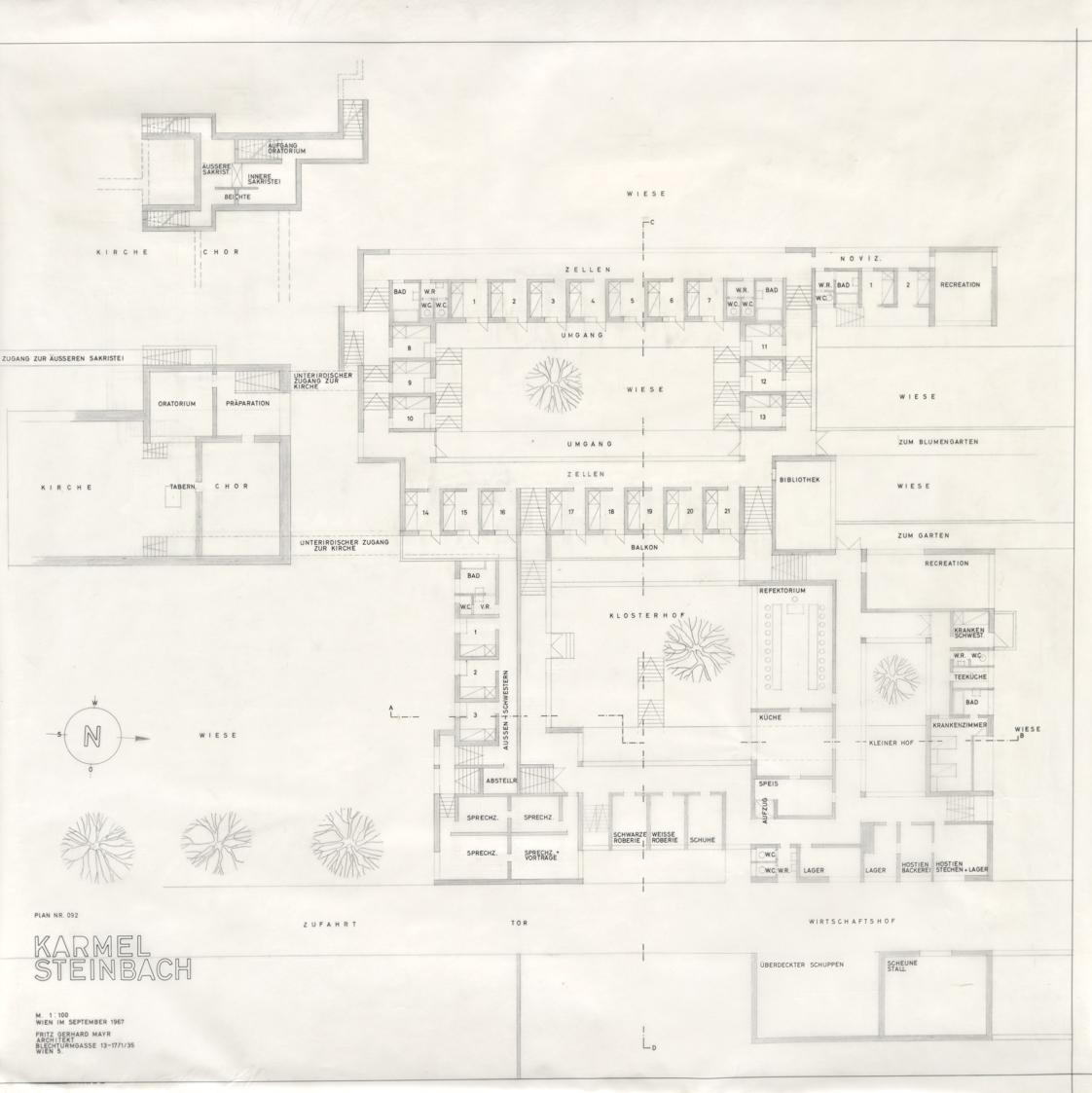 Fritz Gerhard Mayr, Karmelitinnenkloster Steinbach bei Wien. Klostergebäude, Grundriss, mit Fun ...