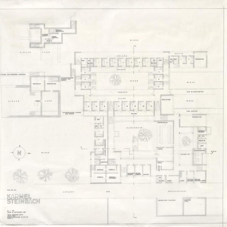 Karmelitinnenkloster Steinbach bei Wien. Klostergebäude, Grundriss, mit Funktionsbezeichnungen der Räume der oberen und unteren Ebene. Kirche, Untergeschoß, Grundriss, 1:100, Plan-Nr. 92
