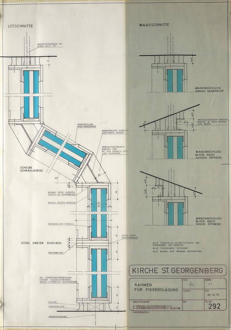 Kirche zur Heiligsten Dreifaltigkeit auf dem Georgenberg in Wien-Mauer. Plan der Rahmen für Fixverglasung mit doppeltem Isolierglas und Nirosta. Lotschnitte und Waagschnitte, 1:1, Plan-Nr. 292