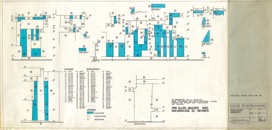 Kirche zur Heiligsten Dreifaltigkeit auf dem Georgenberg in Wien-Mauer. Plan Verglasung Nordseite. Schnitt-Ansicht, 1:50, Plan-Nr. 290 A