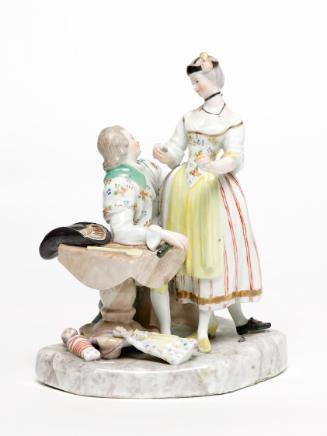 Unbekannter Künstler, Liebespaar mit häuslichen Utensilien, 1755, Porzellan, glasiert und bemal…