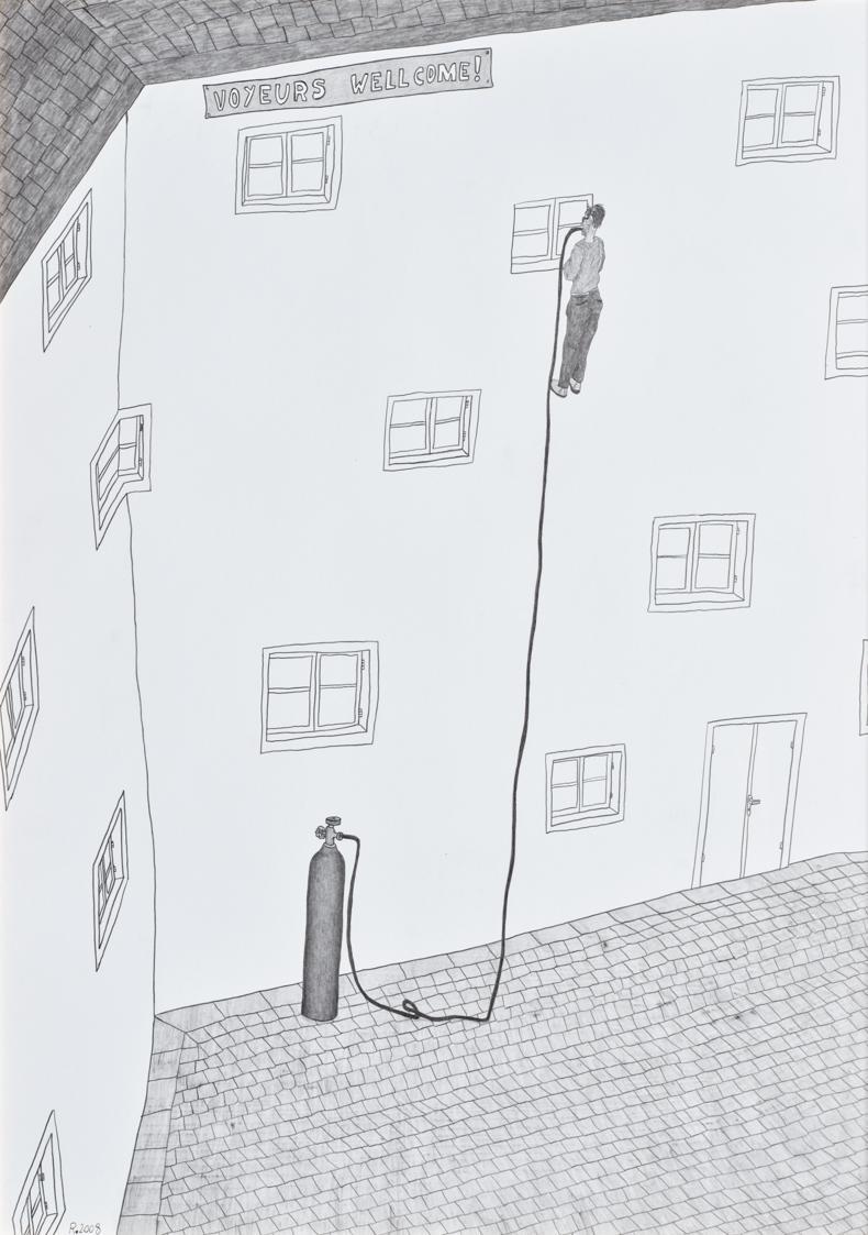 Werner Reiterer, Ohne Titel (Voyeurs Wellcome), 2007, Bleistift auf Papier, 70 × 50 cm, Belvede…