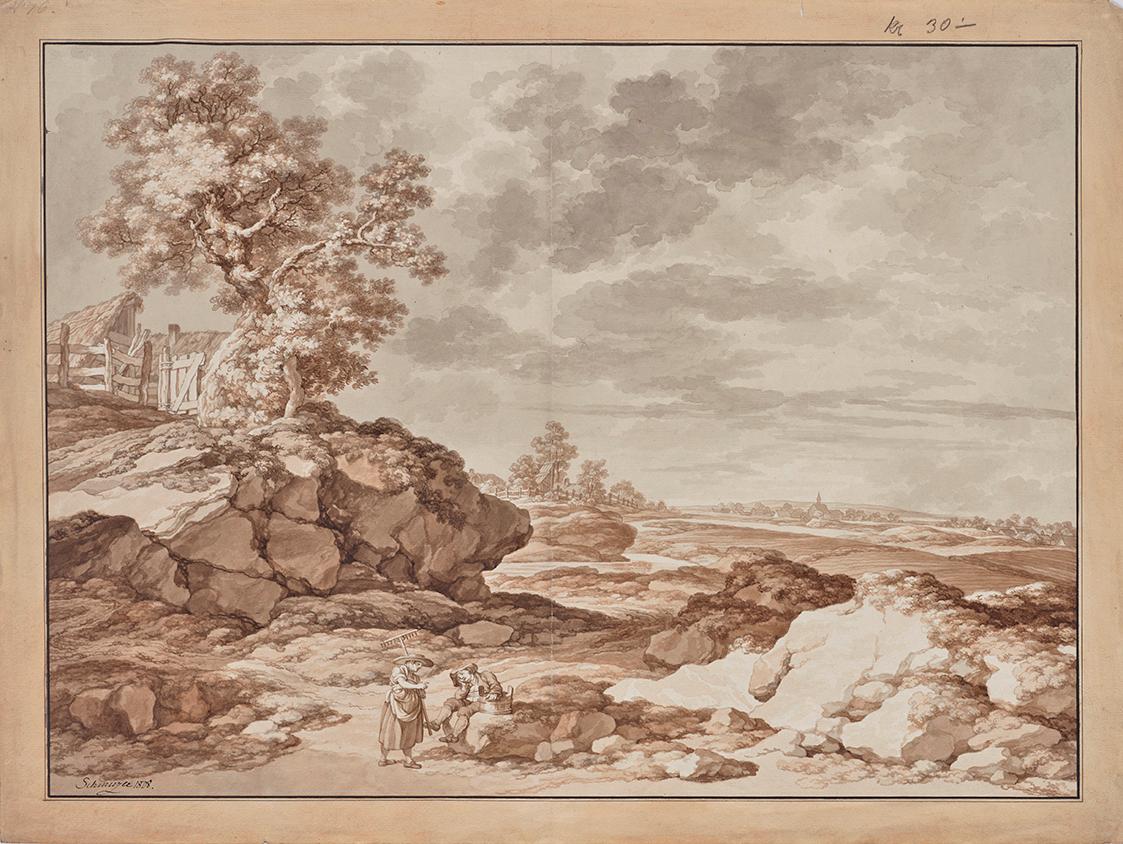 Jacob Matthias Schmutzer, Landschaft mit Dorf und zwei Bauern, 1808, Pinsel in Braun und Grau m…