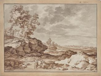 Jacob Matthias Schmutzer, Landschaft mit Dorf und zwei Bauern, 1808, Pinsel in Braun und Grau m…