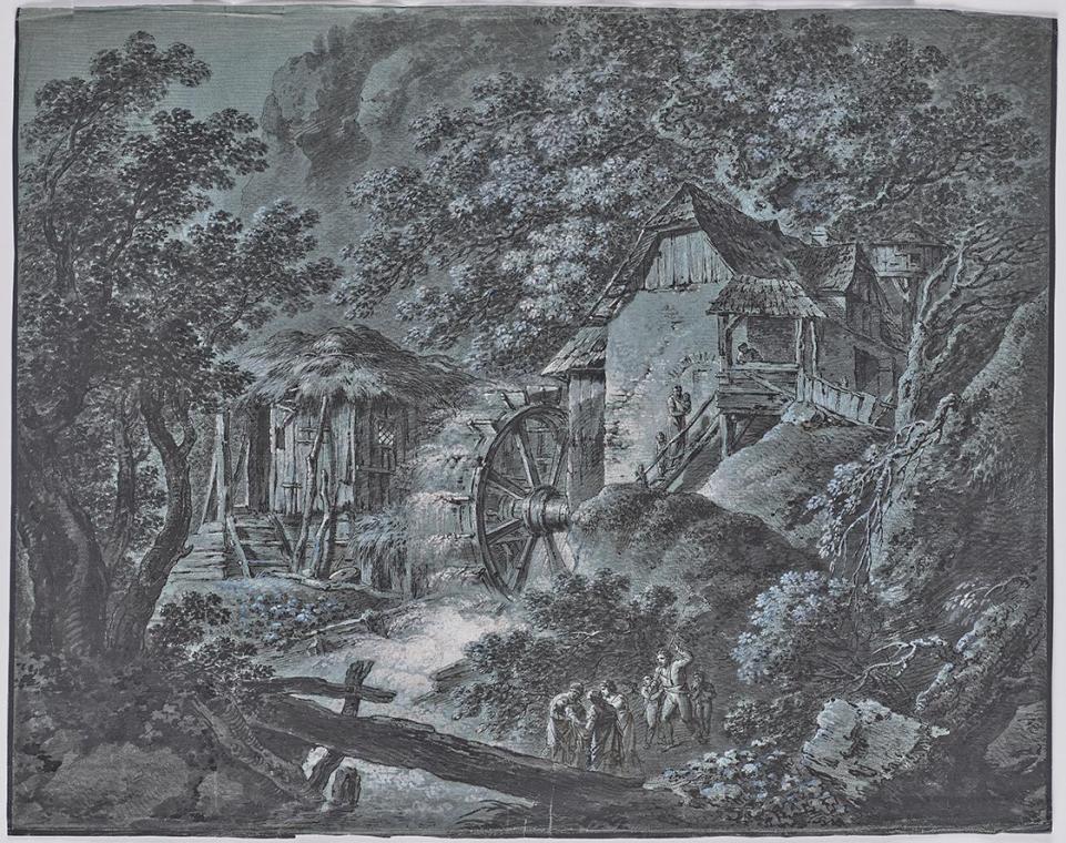 Josef Abel, Mühle in Waldlandschaft mit mehreren Personen und einem Riesen, 1790/1800, Tusche m…